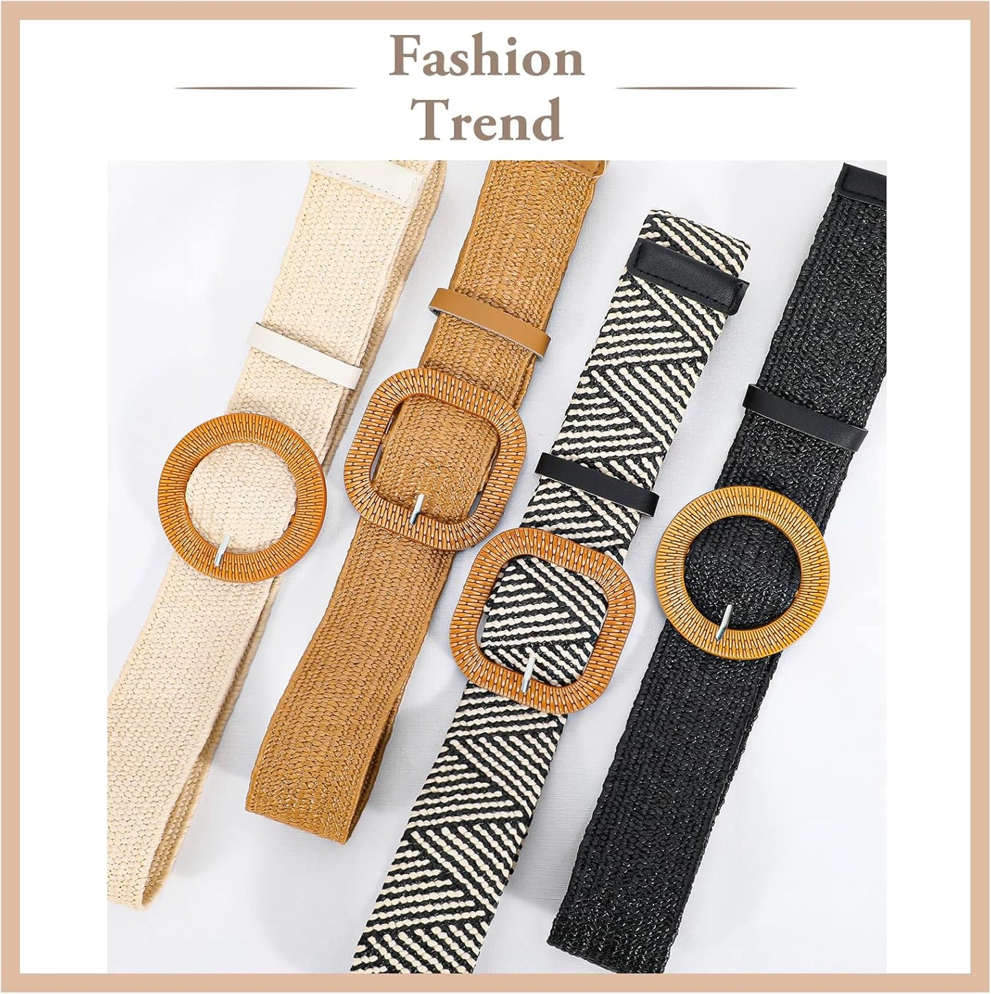 Straw Woven Elastic Stretch Waist Belt, 3 Pack Fashion Ladies Skinny Raffia Boho Dress Braided Belts for Women, Brown Beige Black XL