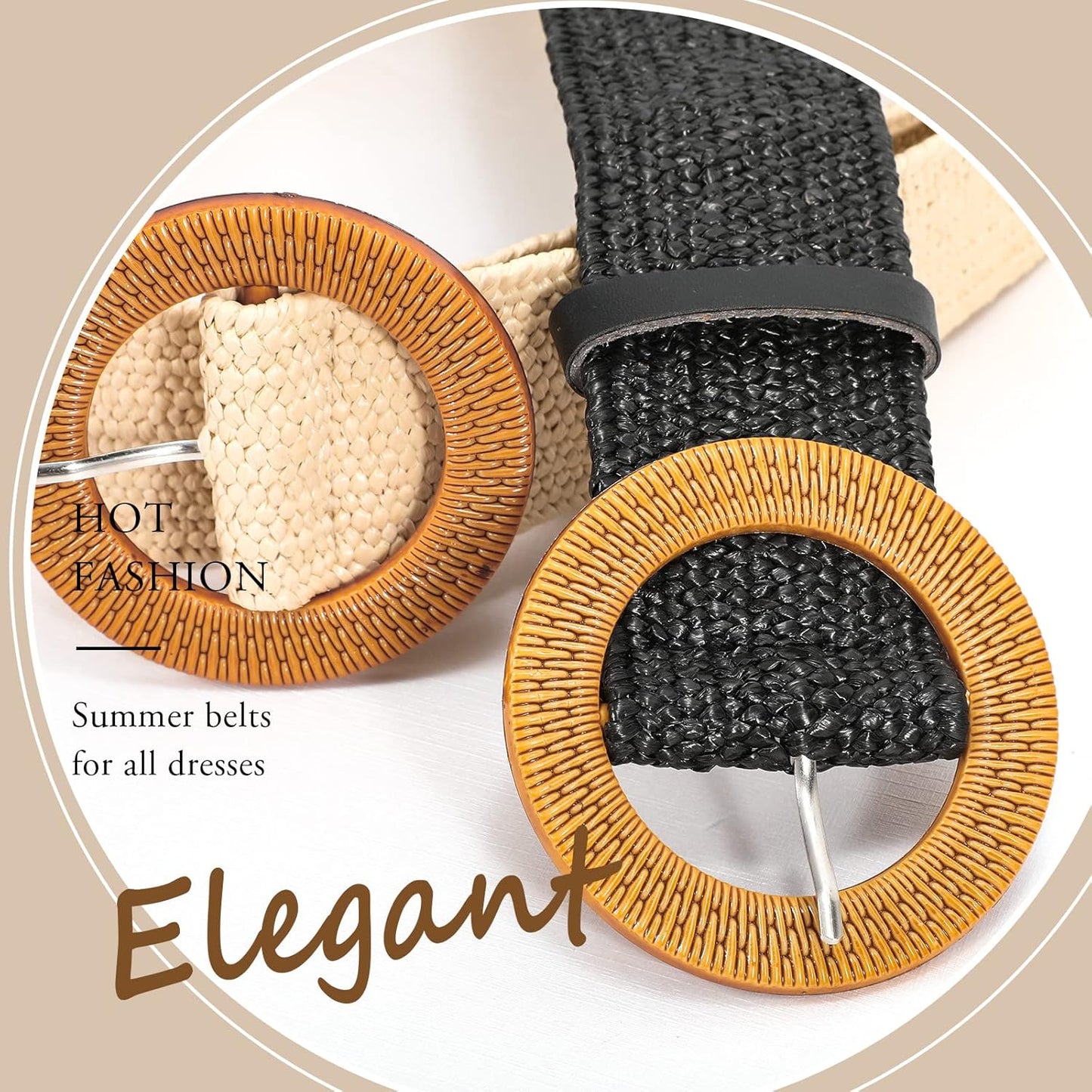 Straw Woven Elastic Stretch Waist Belt, 3 Pack Fashion Ladies Skinny Raffia Boho Dress Braided Belts for Women, Brown Beige Black XL