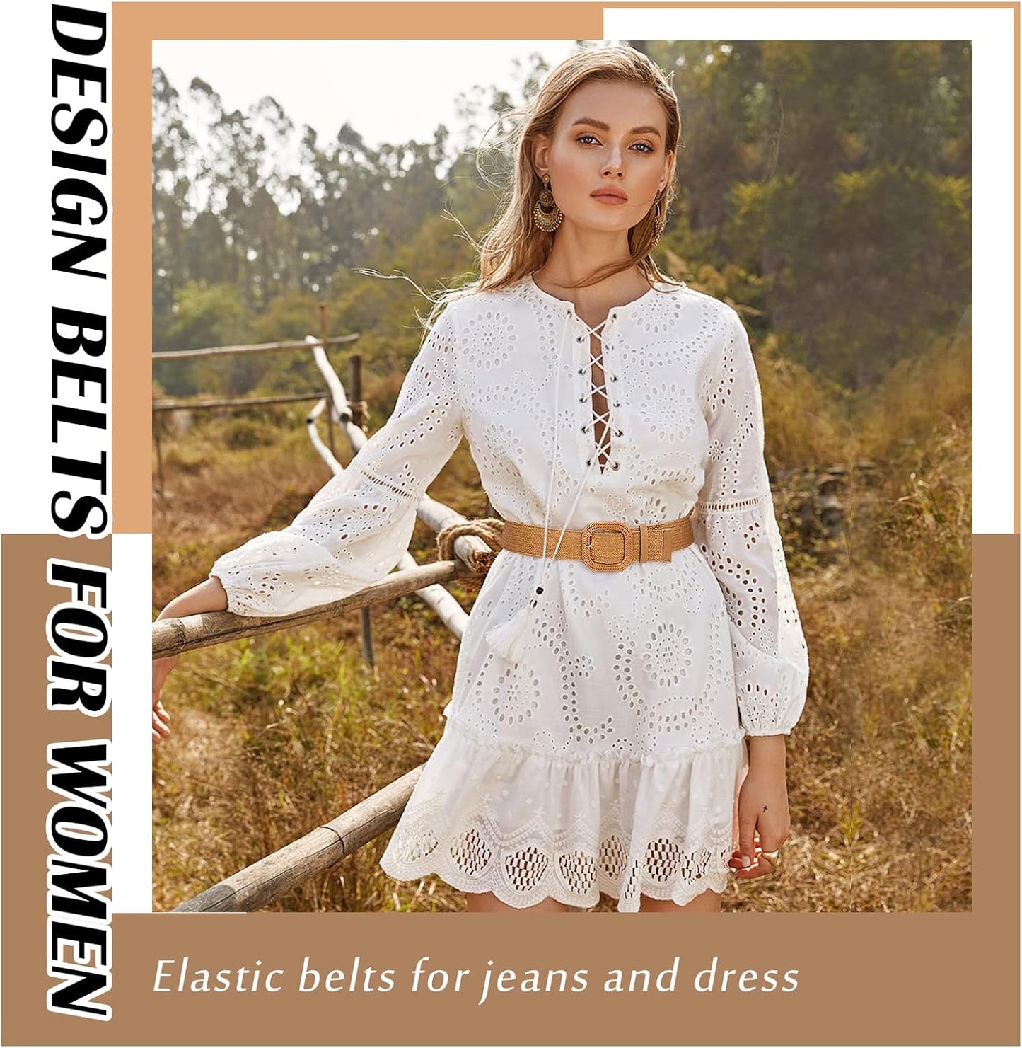Straw Woven Elastic Stretch Waist Belt, 3 Pack Fashion Ladies Skinny Raffia Boho Dress Braided Belts for Women, Brown Beige Black XL