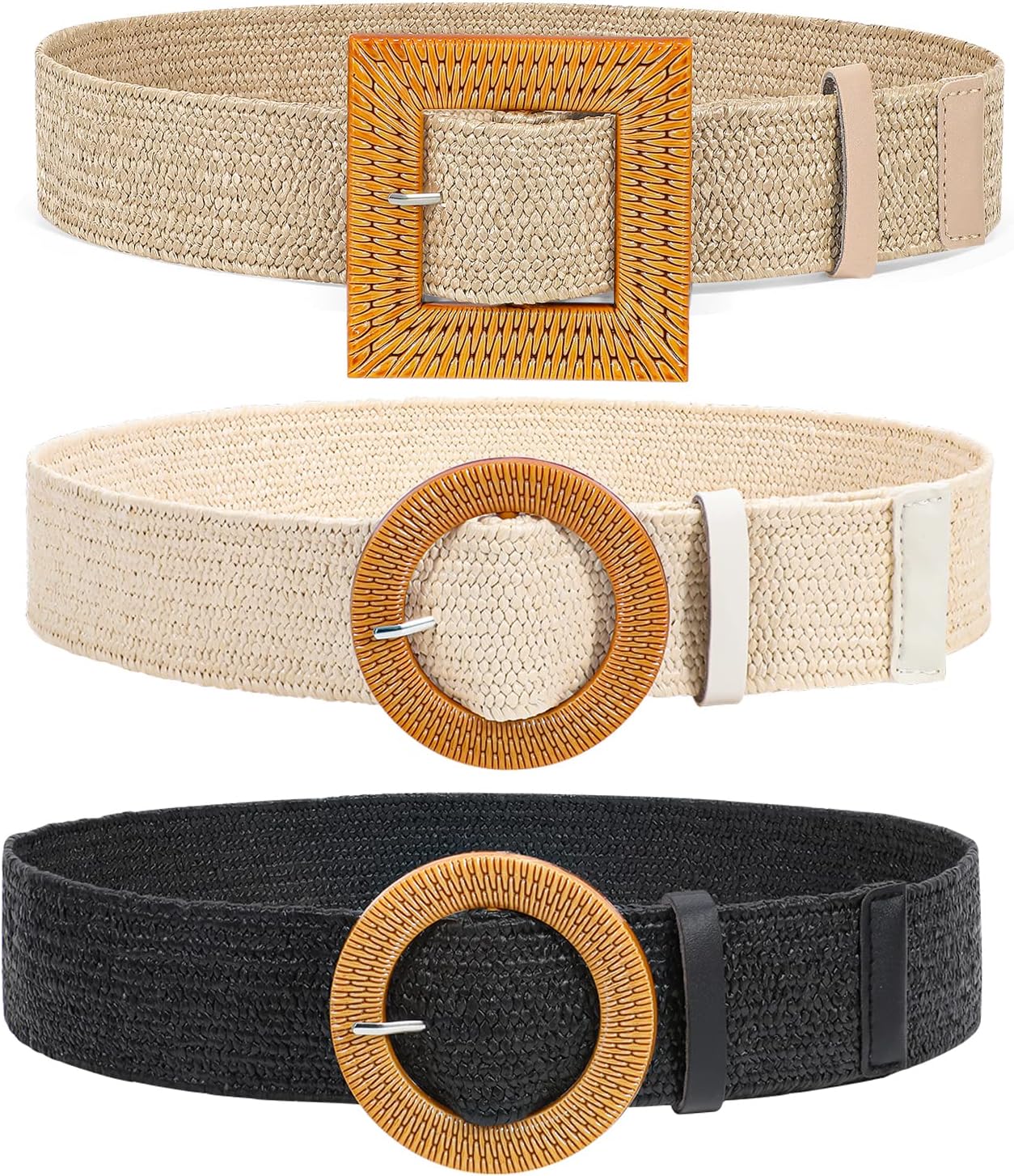 3 Pack Straw Woven Elastic Stretch Waist Belt Fashion Boho Dress Braided Belts for Women Khaki Beige Black XL
