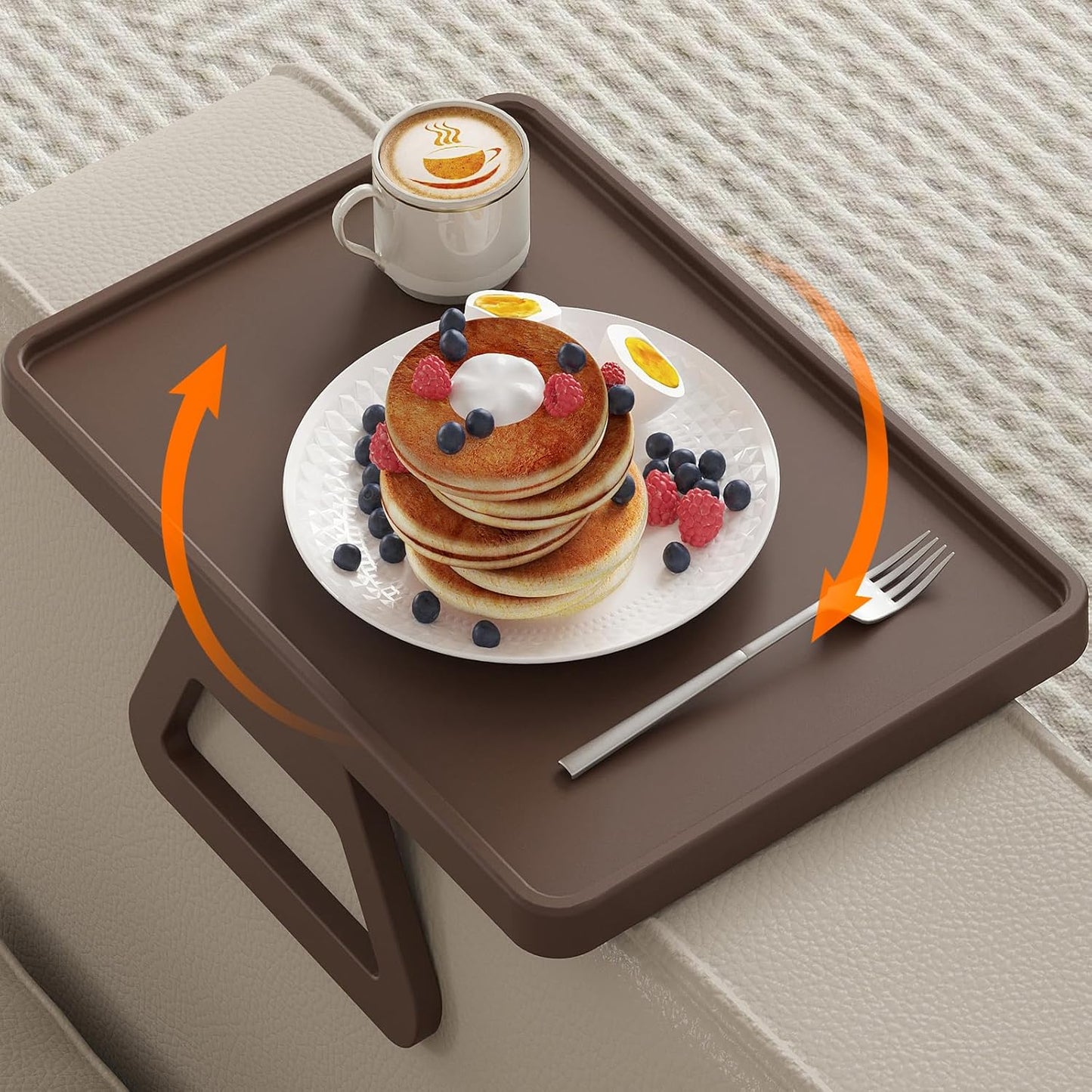 Plastic Rotating Couch Armrest Table, Adjtable Sofa Arm Clip Holder Tray for Snack/Fast Food/Fruit/Drink, Large Foldable Stable Sofa Table with Reinforced Clamp, Brown