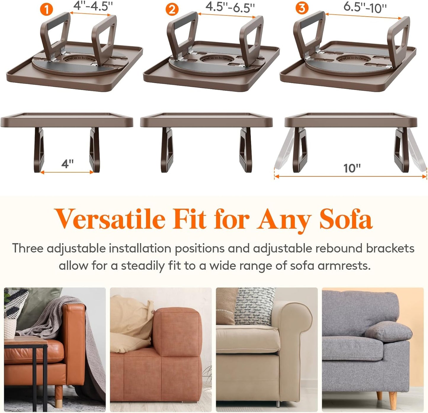 Plastic Rotating Couch Armrest Table, Adjtable Sofa Arm Clip Holder Tray for Snack/Fast Food/Fruit/Drink, Large Foldable Stable Sofa Table with Reinforced Clamp, Brown