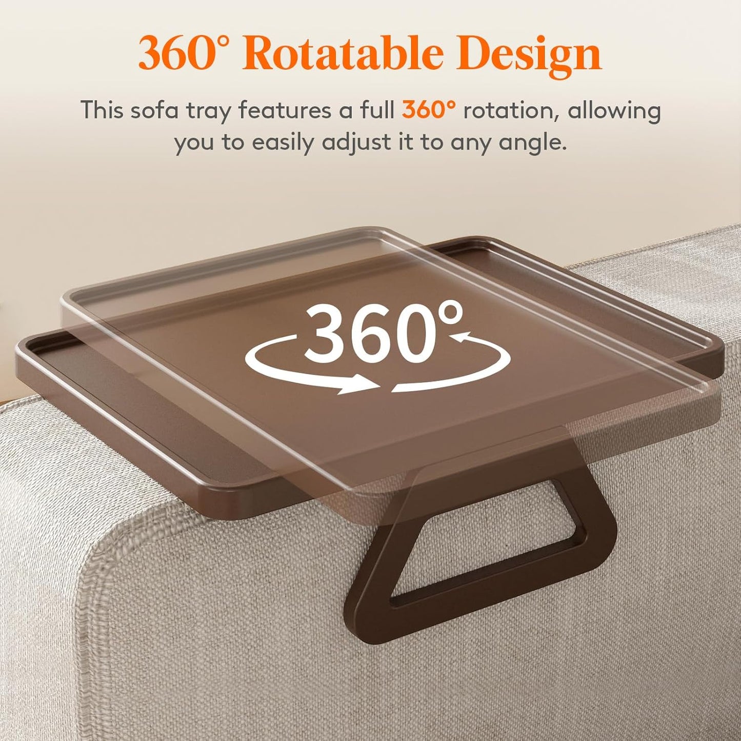 Plastic Rotating Couch Armrest Table, Adjtable Sofa Arm Clip Holder Tray for Snack/Fast Food/Fruit/Drink, Large Foldable Stable Sofa Table with Reinforced Clamp, Brown