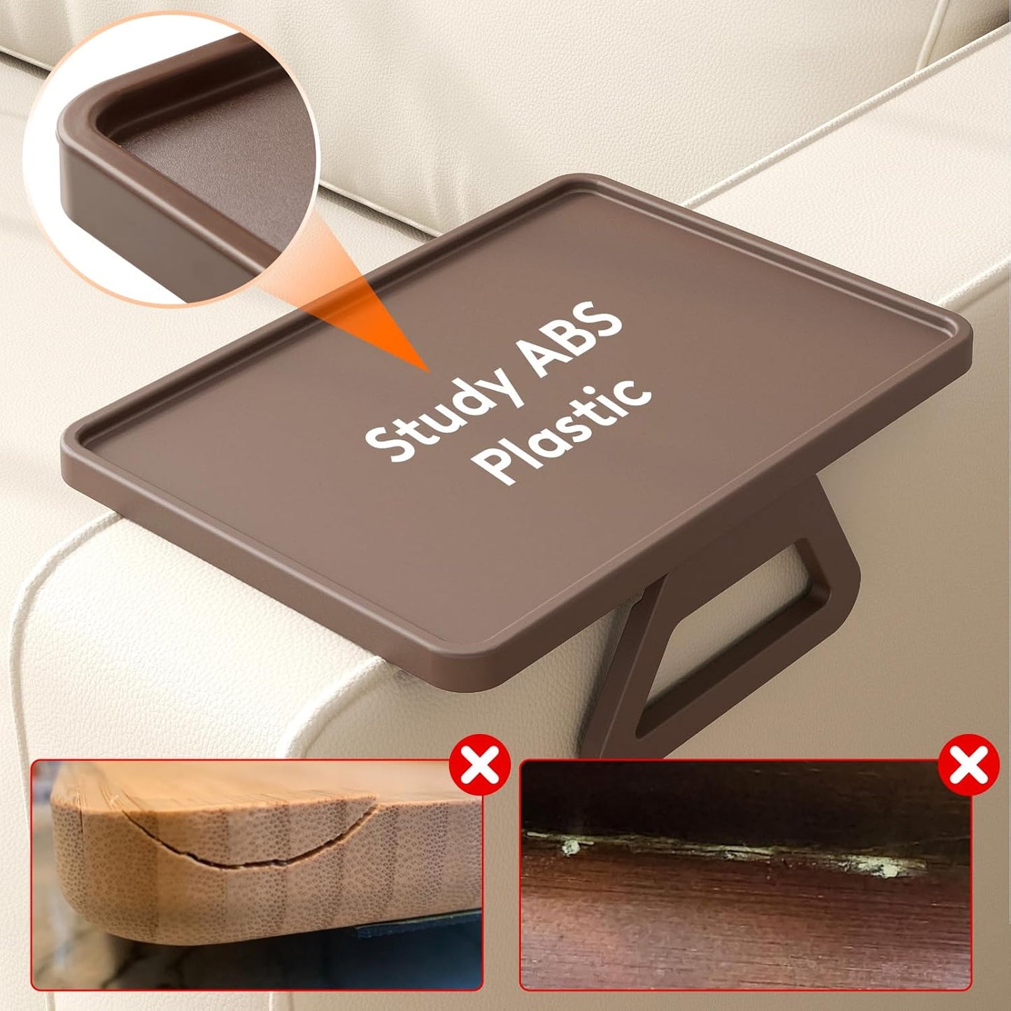 Plastic Rotating Couch Armrest Table, Adjtable Sofa Arm Clip Holder Tray for Snack/Fast Food/Fruit/Drink, Large Foldable Stable Sofa Table with Reinforced Clamp, Brown