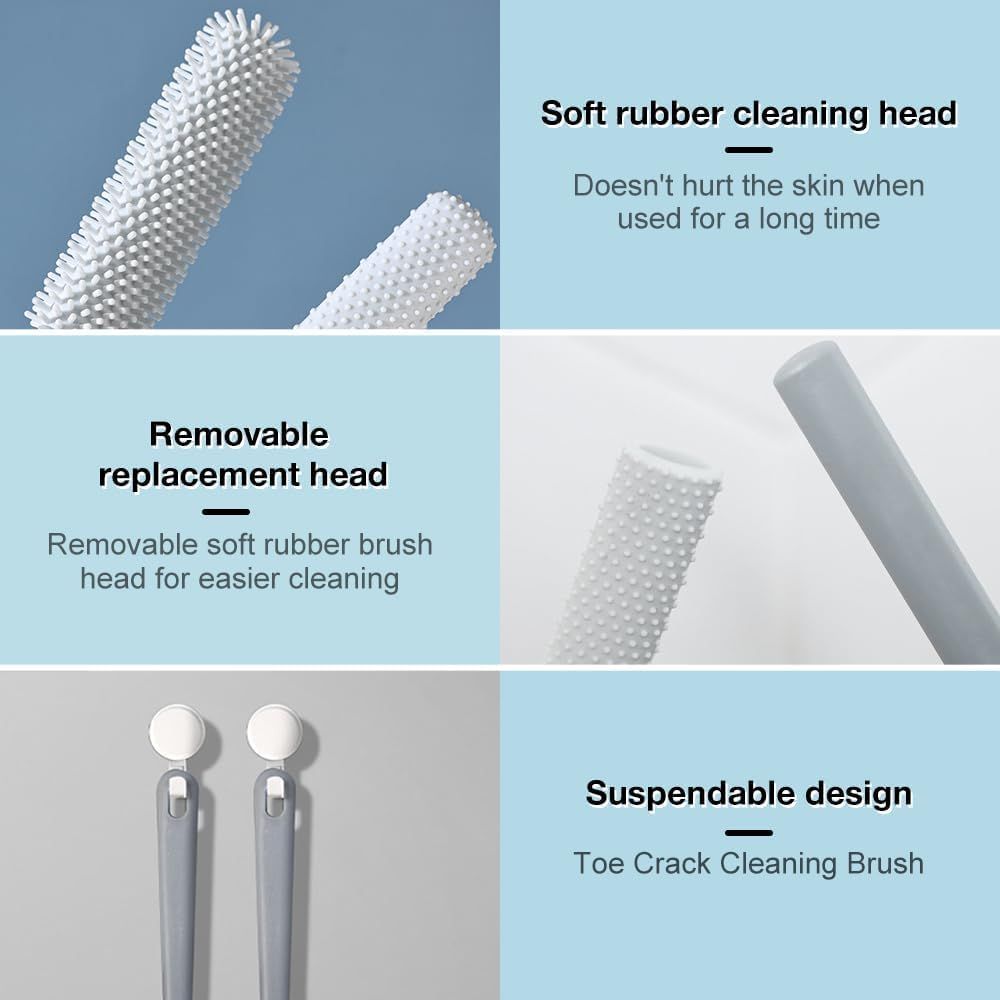 Toe Gap Cleaning Brush, Foot Back Scrubber in Shower, Long Handle Foot Bath Brush, Silicone Body Scrubber, Exfoliating for Men and Women (Gray)