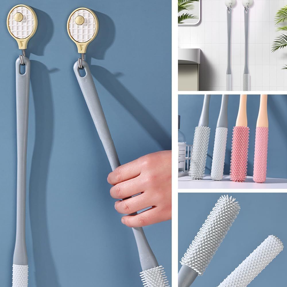 Toe Gap Cleaning Brush, Foot Back Scrubber in Shower, Long Handle Foot Bath Brush, Silicone Body Scrubber, Exfoliating for Men and Women (Gray)