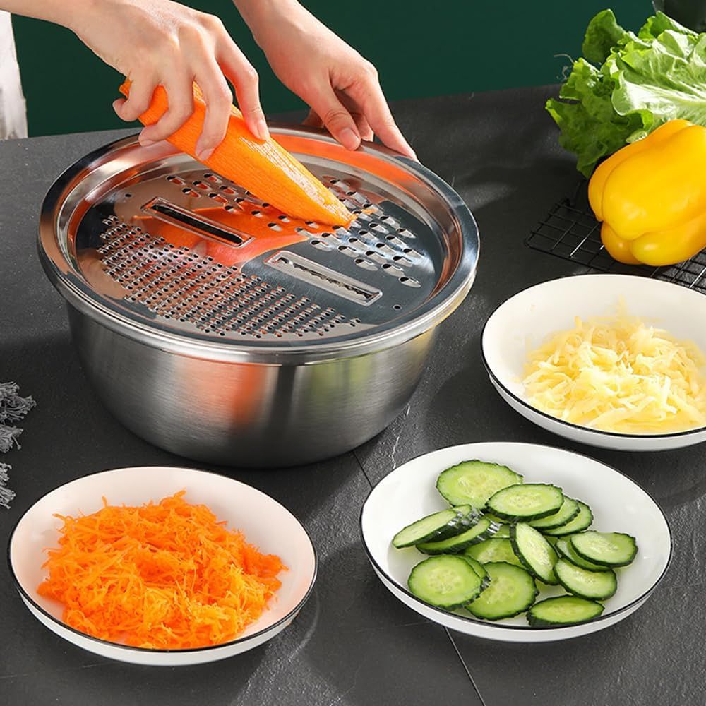 Germany Multifunctional Stainless Steel Basin, Multifunction Stainless Steel Basin with Grater 3 in 1 Vegetable Cutter for Kitchen, Vegetable Slicer Grater Strainer and Drain Basket (10.2 inch)