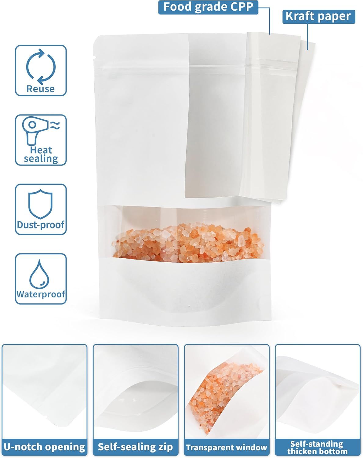 100 Pcs White Paper Bags with Window, 7.9" x 11.8" Stand Up Pouches Bags, Zipper Food Storage Bags for Packaging Products, Reusable, Sealable
