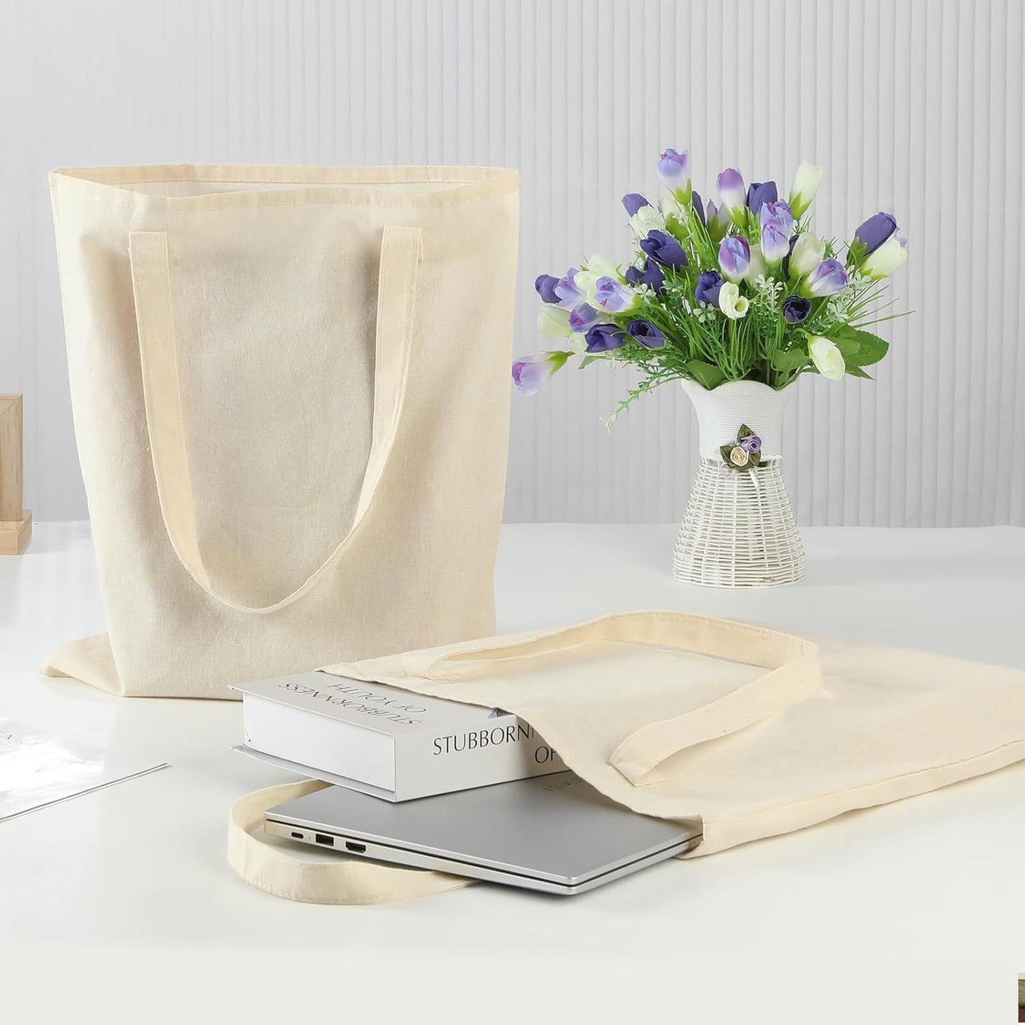 12 Pack Canvas Tote Bag - Lightweight Thin Tote Bags Bulk Blank Shopping Reusable Grocery Bags for DIY Gift Sublimation Activity - Beige