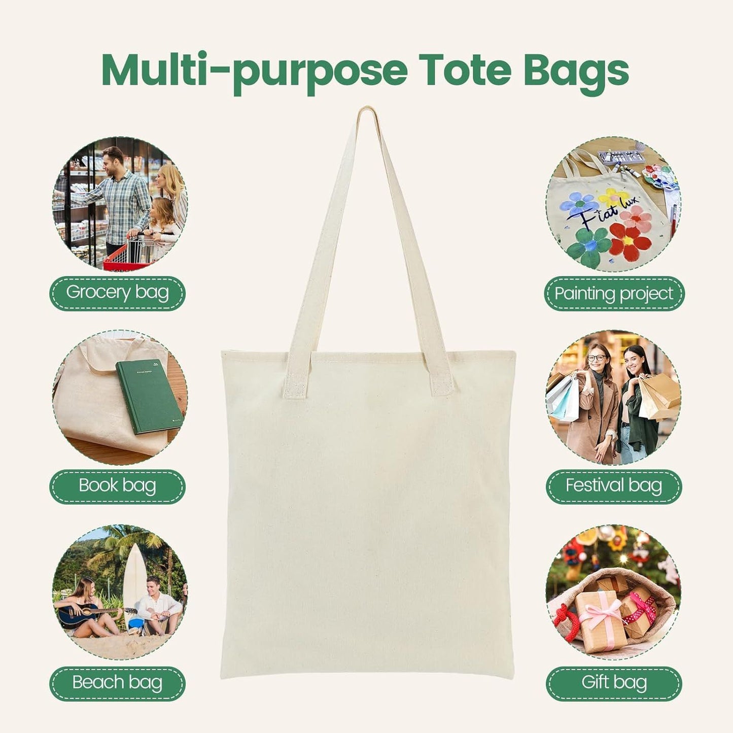 12 Pack Canvas Tote Bag - Lightweight Thin Tote Bags Bulk Blank Shopping Reusable Grocery Bags for DIY Gift Sublimation Activity - Beige