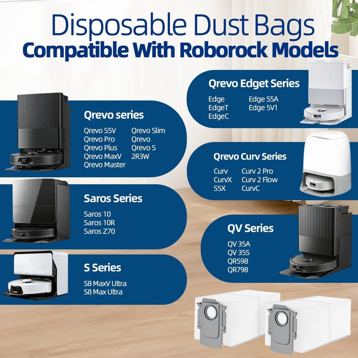 25 Packs Disposable Dust Bags for Roborock QV35A/ Qrevo S5V, Saros 10R/10/Z70, S8 MaxV/Max Ultra, Qrevo MaxV/Pro/Curv/CurvX/Edge/Slim/Edge S5A/Pro/Plus/Master/Qrevo S Robot Vacuum