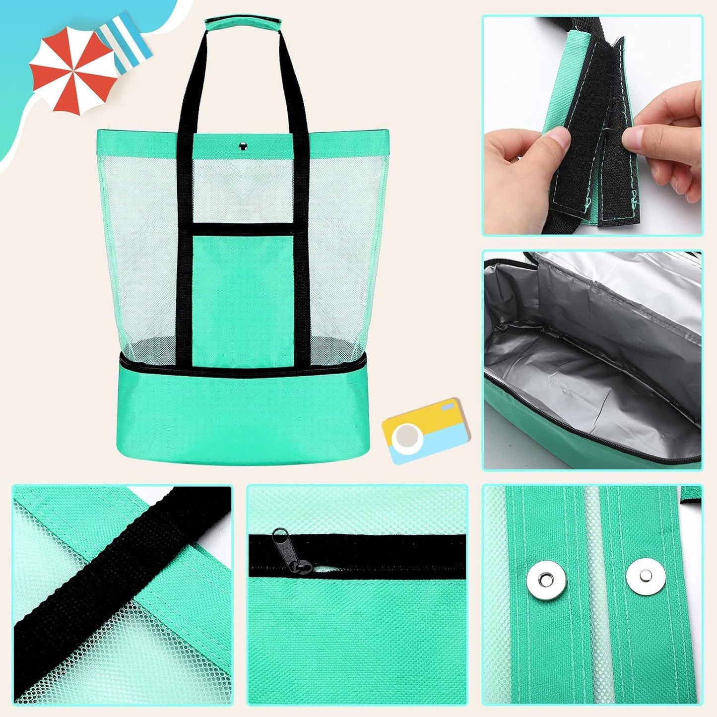 3 Pcs Beach Bag with Cooler Mesh Beach Tote with Insulated Cooler and Pocket Waterproof Sandproof Beach Tote Bag Swim Pool Bag for Women Summer (Black, Blue and Green)