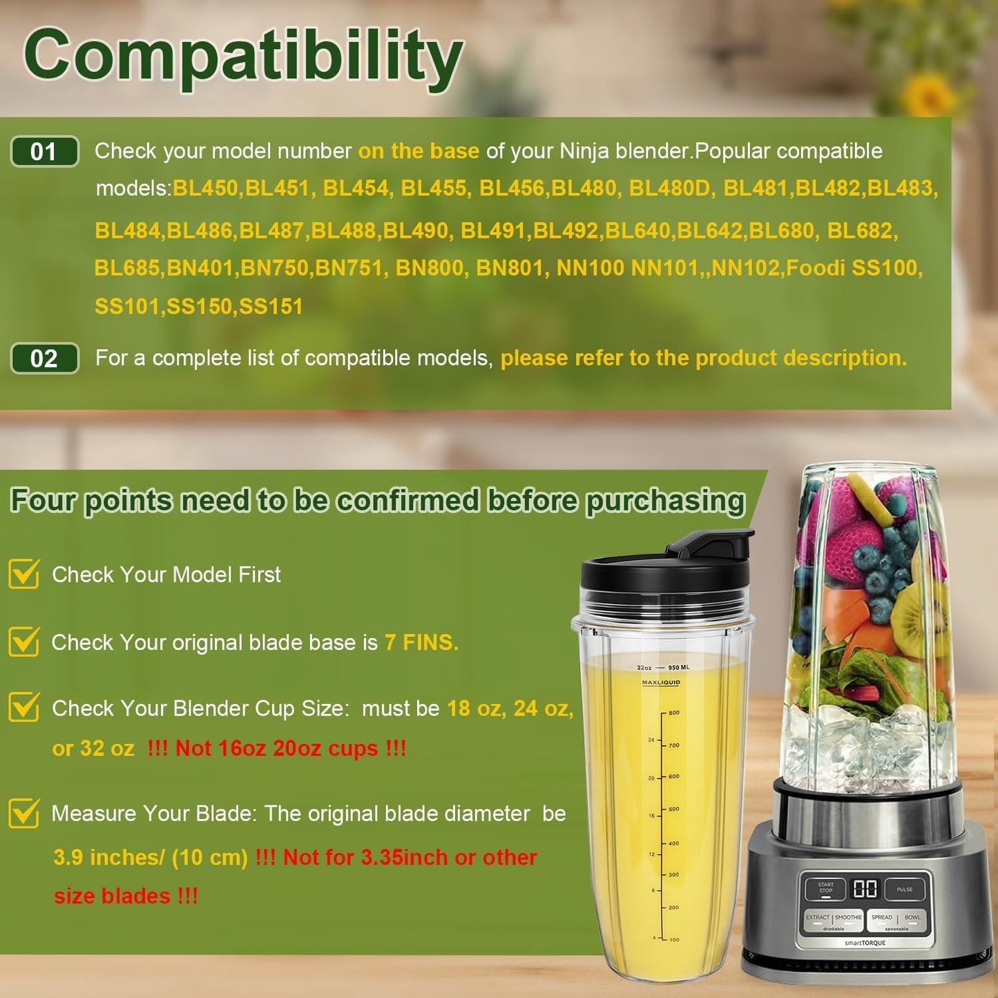 Blender Cups Replacement Parts for Ninja, 32oz Cups with Sip & Seal Lids,Compatible with Ninja Auto IQ Blender BL450 BL480 BL642 BL680 BN801 SS101 SS151