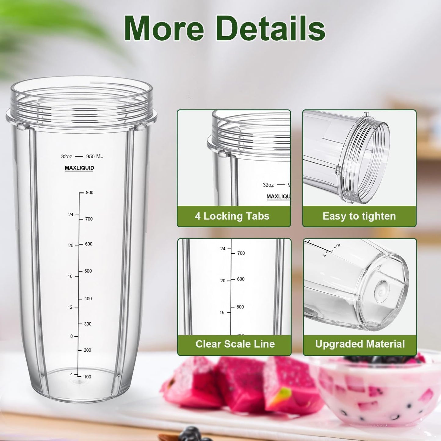 Blender Cups Replacement Parts for Ninja, 32oz Cups with Sip & Seal Lids,Compatible with Ninja Auto IQ Blender BL450 BL480 BL642 BL680 BN801 SS101 SS151