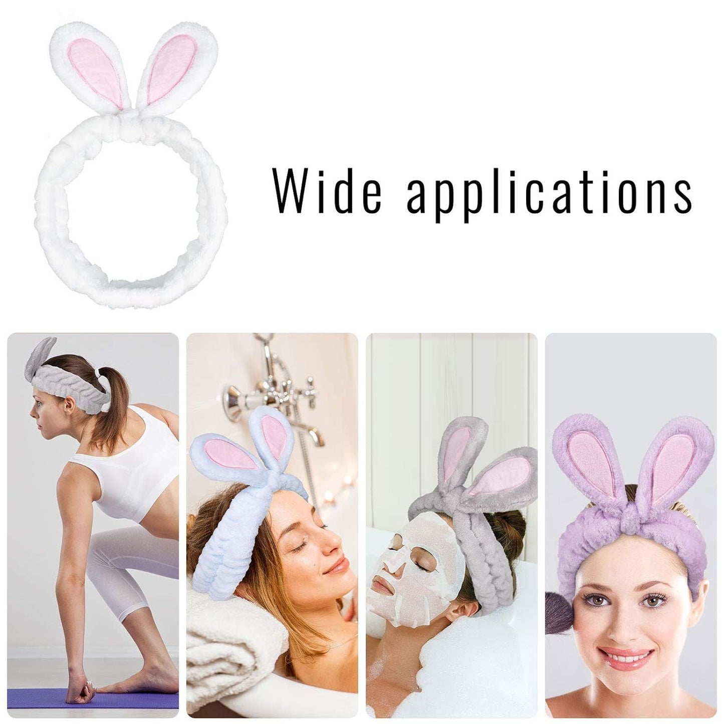 4 Pack Easter Bunny Makeup Headband Rabbit Ear Spa Hair Band Coral Fleece Elastic Head Wrap Stretchy Headband for Party Face Washing Beauty Shower Women Girls (Blue, White, Gray, Purple)