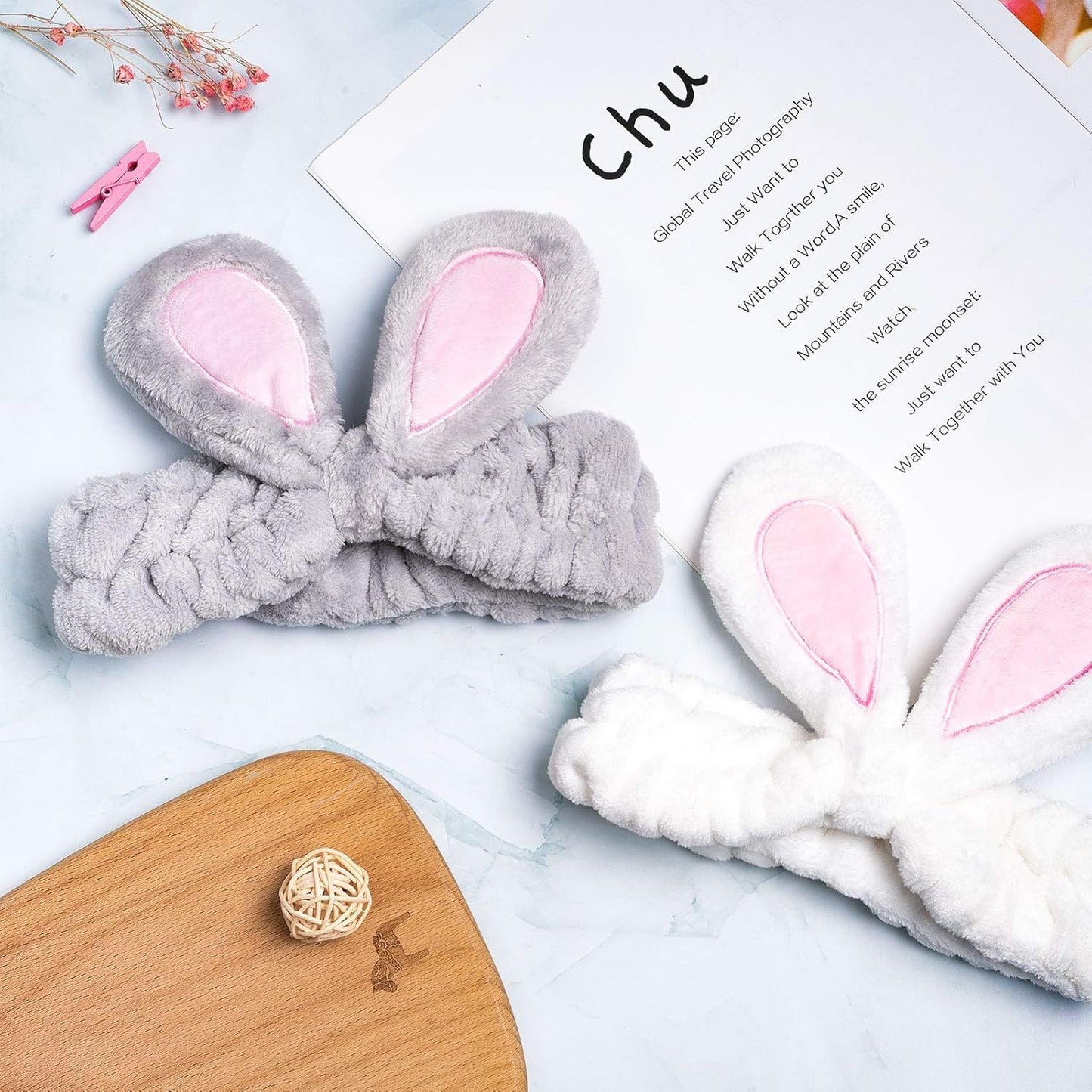 4 Pack Easter Bunny Makeup Headband Rabbit Ear Spa Hair Band Coral Fleece Elastic Head Wrap Stretchy Headband for Party Face Washing Beauty Shower Women Girls (Blue, White, Gray, Purple)