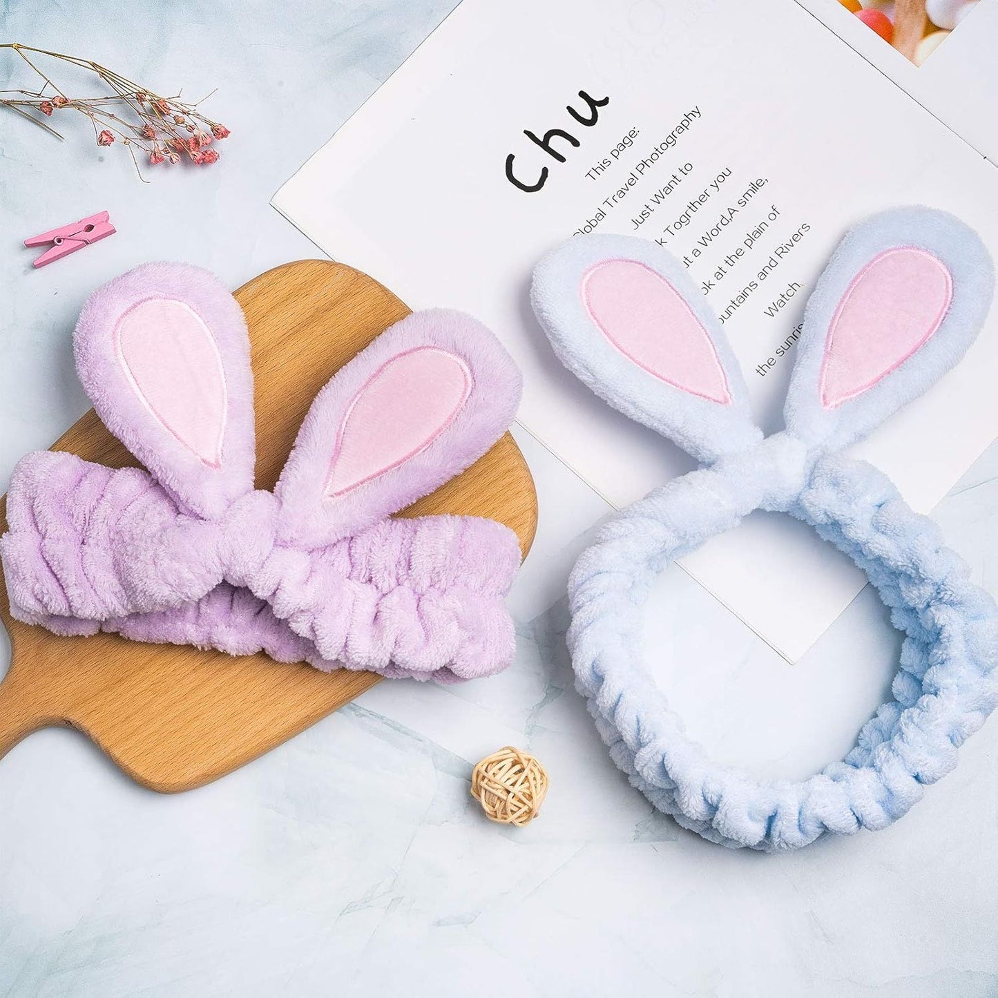 4 Pack Easter Bunny Makeup Headband Rabbit Ear Spa Hair Band Coral Fleece Elastic Head Wrap Stretchy Headband for Party Face Washing Beauty Shower Women Girls (Blue, White, Gray, Purple)