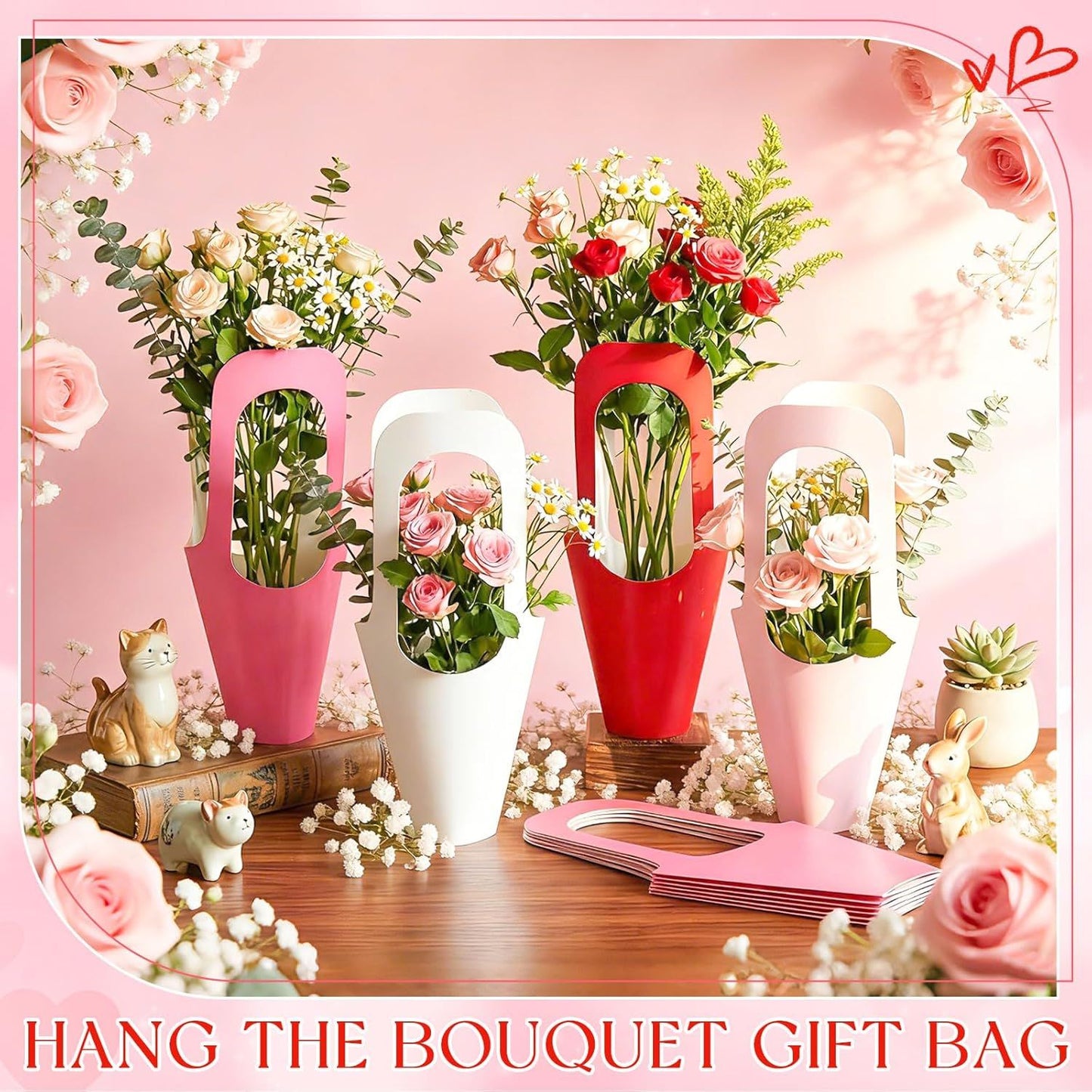 48 Pcs Mother's Day Flower Bouquet Holder Bulk with Handle Pink Red Florist Floral Bouquet Boxes for Arrangements Flower Gift Bags Packaging for Bridal Wedding Birthday Party Decor