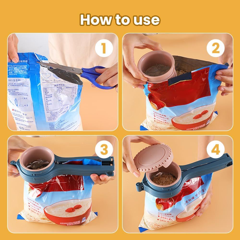 Bag Clip with Pour Spout, Food Bag Sealing Clip, Reusable Plastic Cap Sealer (4)