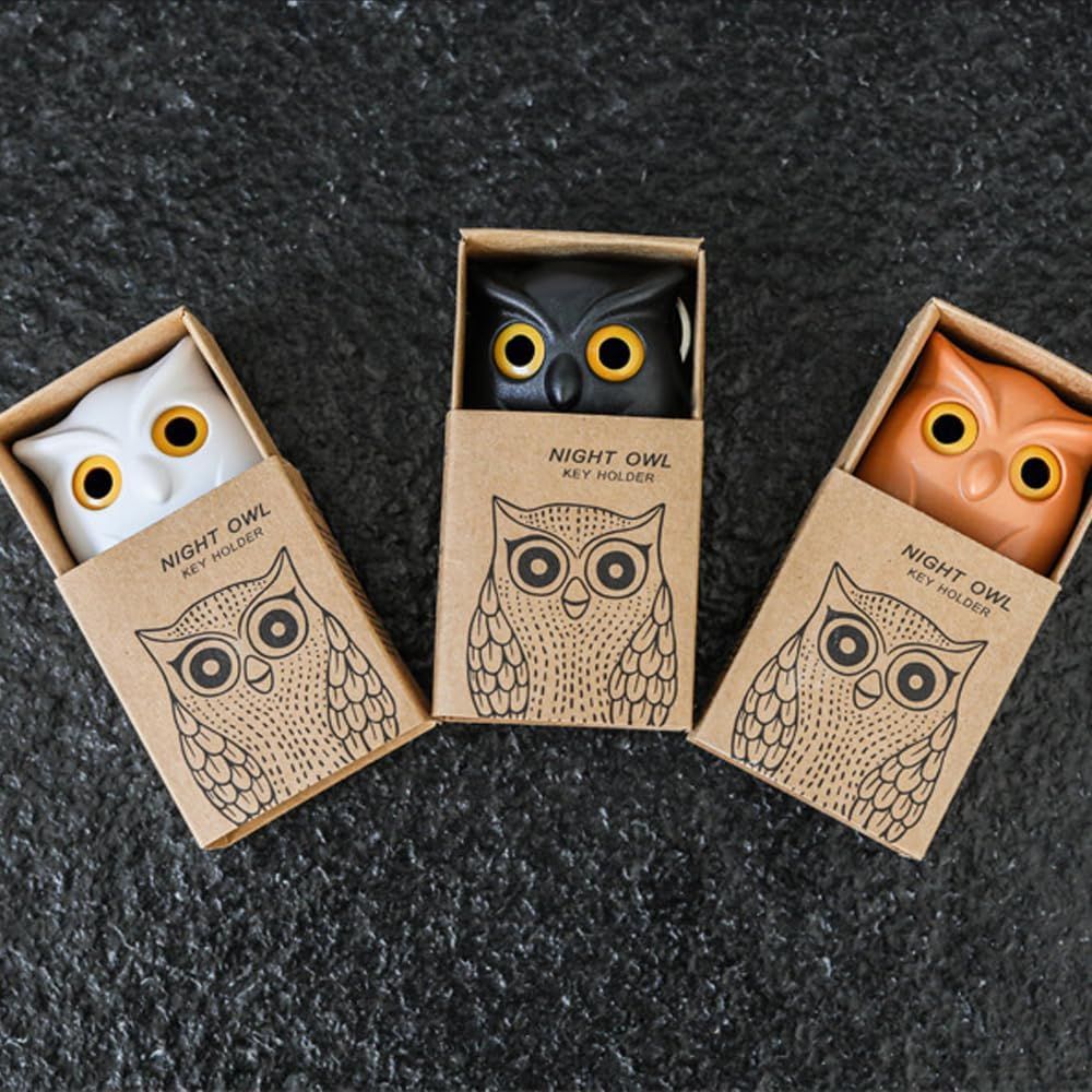 Owl Key Holder, Night Owl Magnetic Wall Key Holder Owl Key Hooks, Automatic Open Close Eyes Owl Key Holder with Wall Self-Adhesive Tape (Black+White)