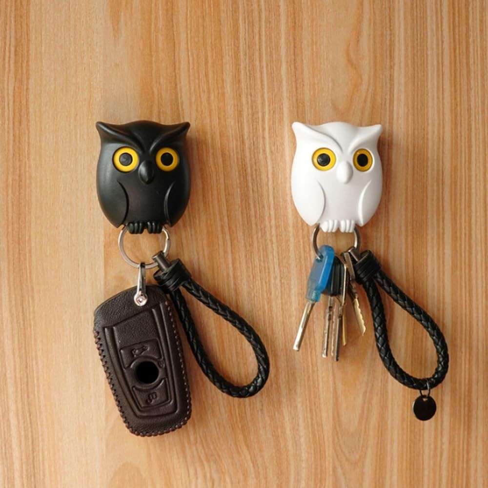 Owl Key Holder, Night Owl Magnetic Wall Key Holder Owl Key Hooks, Automatic Open Close Eyes Owl Key Holder with Wall Self-Adhesive Tape (Black+White)