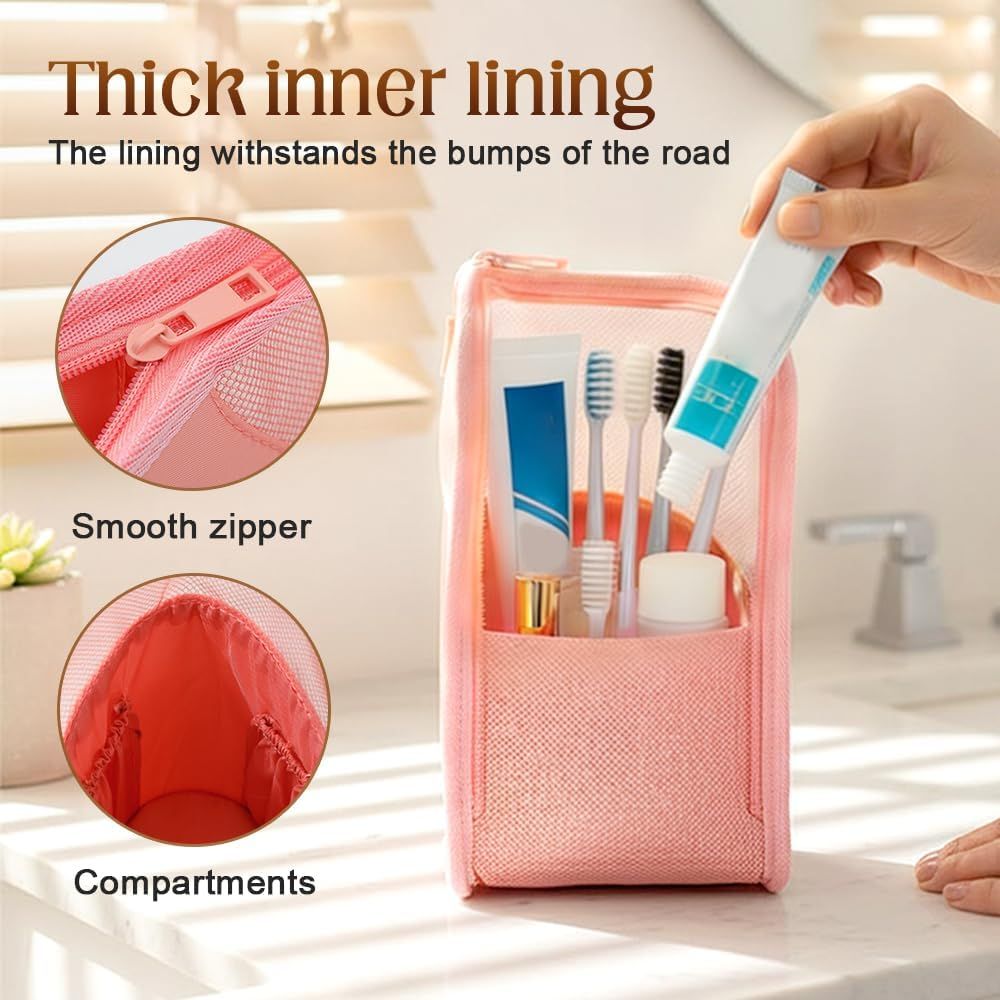 Standing Toiletry Bag, 2026 New Portable Lightweight Travel Toiletry Bag Nylon Travel Toothbrush Storage Hanging Travel Toiletry Bags for Cosmetic, Toothbrush, Toothpaste (1, Pink)