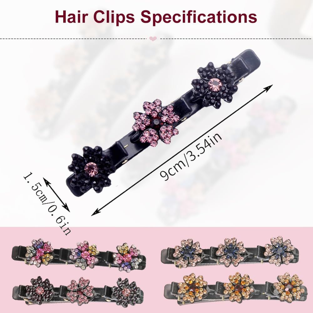 4 Pcs Sparkling Crystal Stone Braided Hair Clips for Women and Girls, 2026 New Hair Braid Clips Easily Braided Hair Bands, Shiny Rhinestone Hair Clip Duckbill Hairpin (Flower)