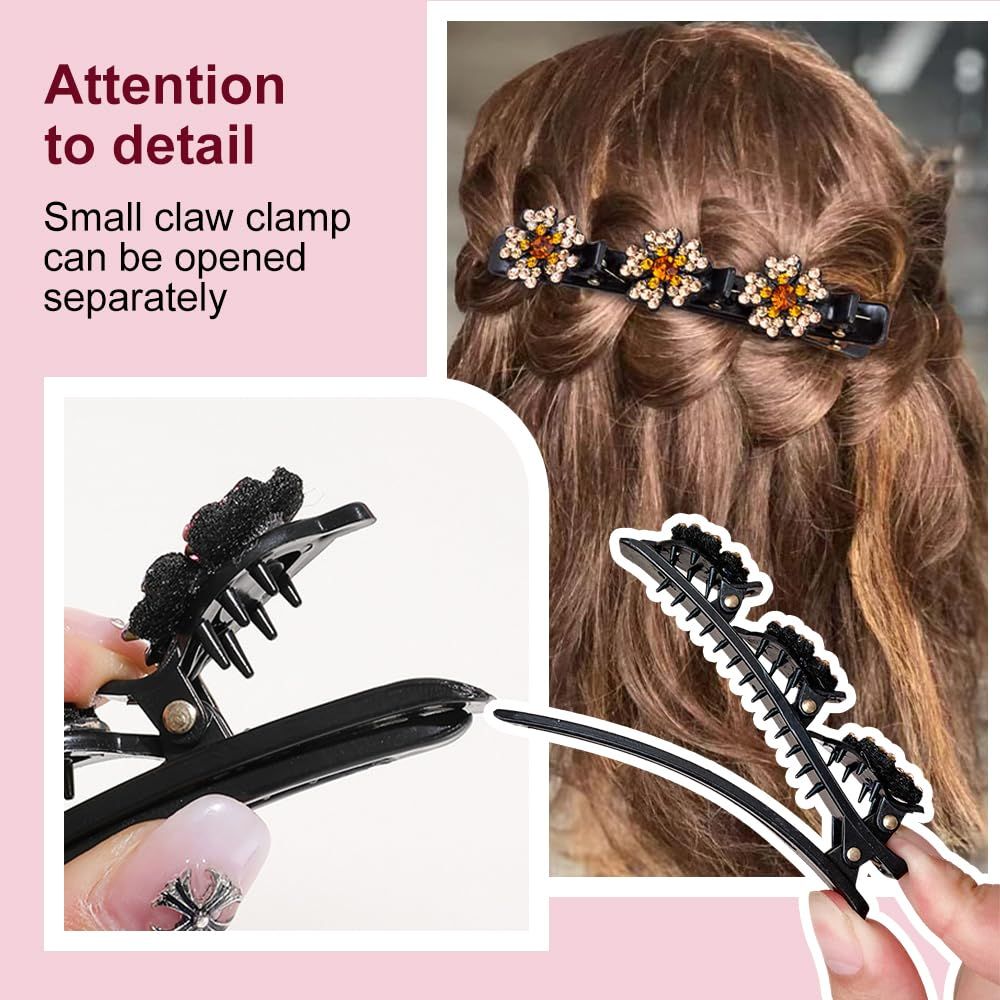 4 Pcs Sparkling Crystal Stone Braided Hair Clips for Women and Girls, 2026 New Hair Braid Clips Easily Braided Hair Bands, Shiny Rhinestone Hair Clip Duckbill Hairpin (Flower)