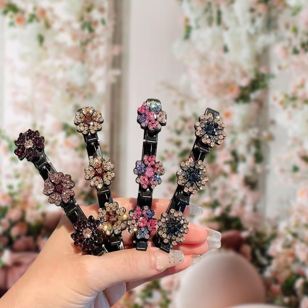 4 Pcs Sparkling Crystal Stone Braided Hair Clips for Women and Girls, 2026 New Hair Braid Clips Easily Braided Hair Bands, Shiny Rhinestone Hair Clip Duckbill Hairpin (Flower)