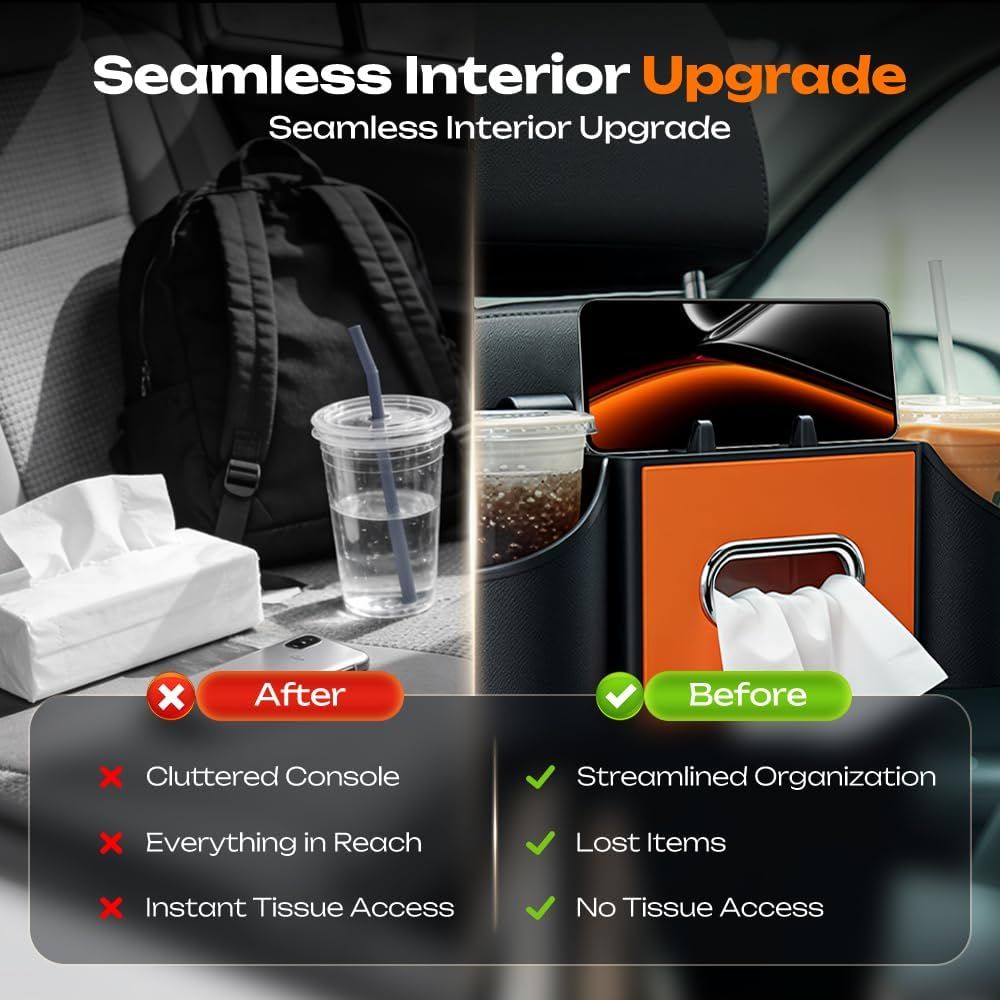 4-in-1 Car Backseat Organizer with Cup Holder, 2026 Upgraded Multifunctional Car Back Seat Organizer with Tissue Box, Trash Bin & Hooks for Hold Phones, Snacks, Drinks, and Handbags (Black)