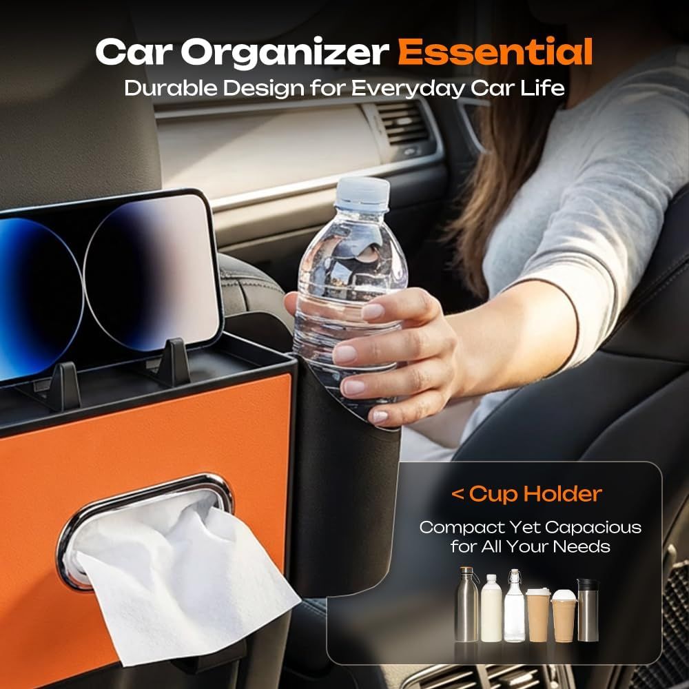 4-in-1 Car Backseat Organizer with Cup Holder, 2026 Upgraded Multifunctional Car Back Seat Organizer with Tissue Box, Trash Bin & Hooks for Hold Phones, Snacks, Drinks, and Handbags (Black)