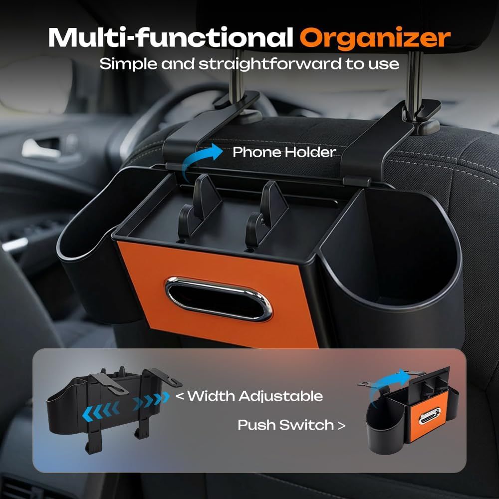 4-in-1 Car Backseat Organizer with Cup Holder, 2026 Upgraded Multifunctional Car Back Seat Organizer with Tissue Box, Trash Bin & Hooks for Hold Phones, Snacks, Drinks, and Handbags (Black)