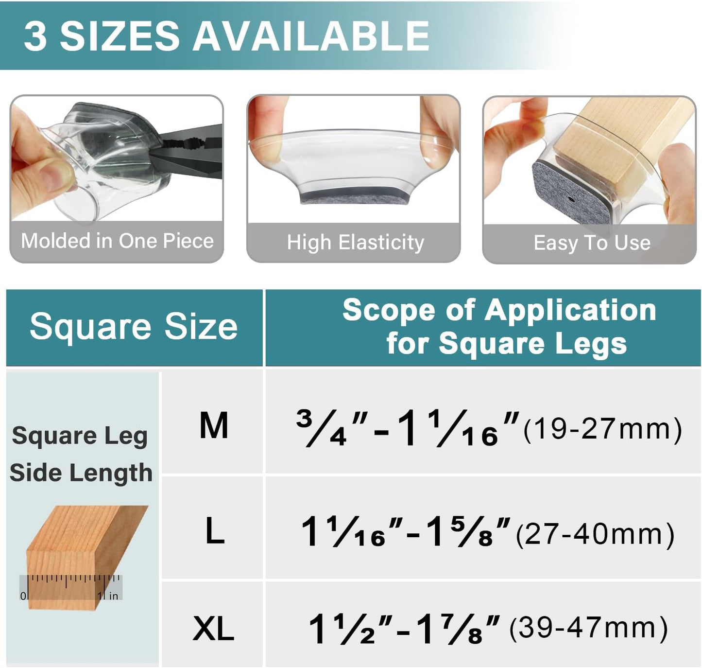 Ansible 24 Pcs Chair Leg Floor Protectors Square, Silicone Felt Furniture Leg Pads Caps Covers for Hardwood Floors (Fit:1-1/16" to 1-5/8")