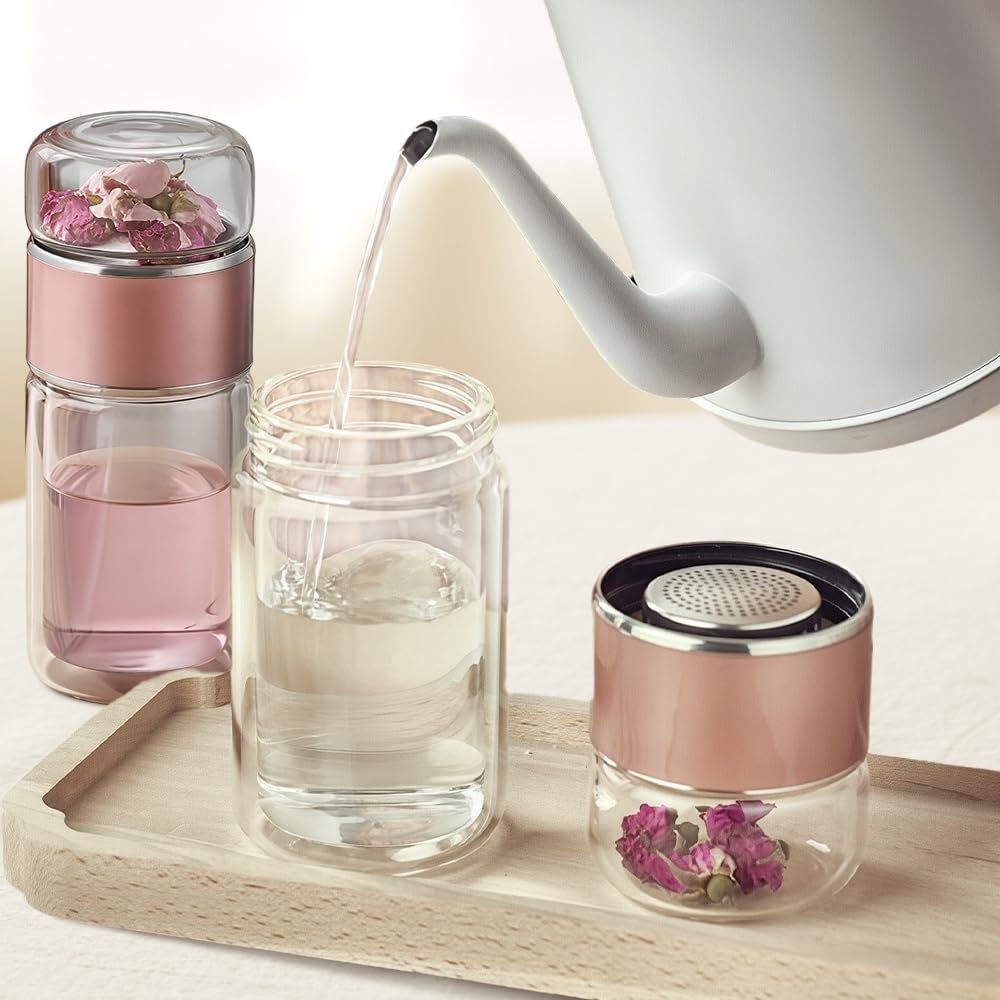 Double Walled Glass Tea Tumbler with Infuser, 17 Oz/500ml Portable Tea Infuser Bottle with Stainless Steel Filter (rose gold, 500, Milliliters)