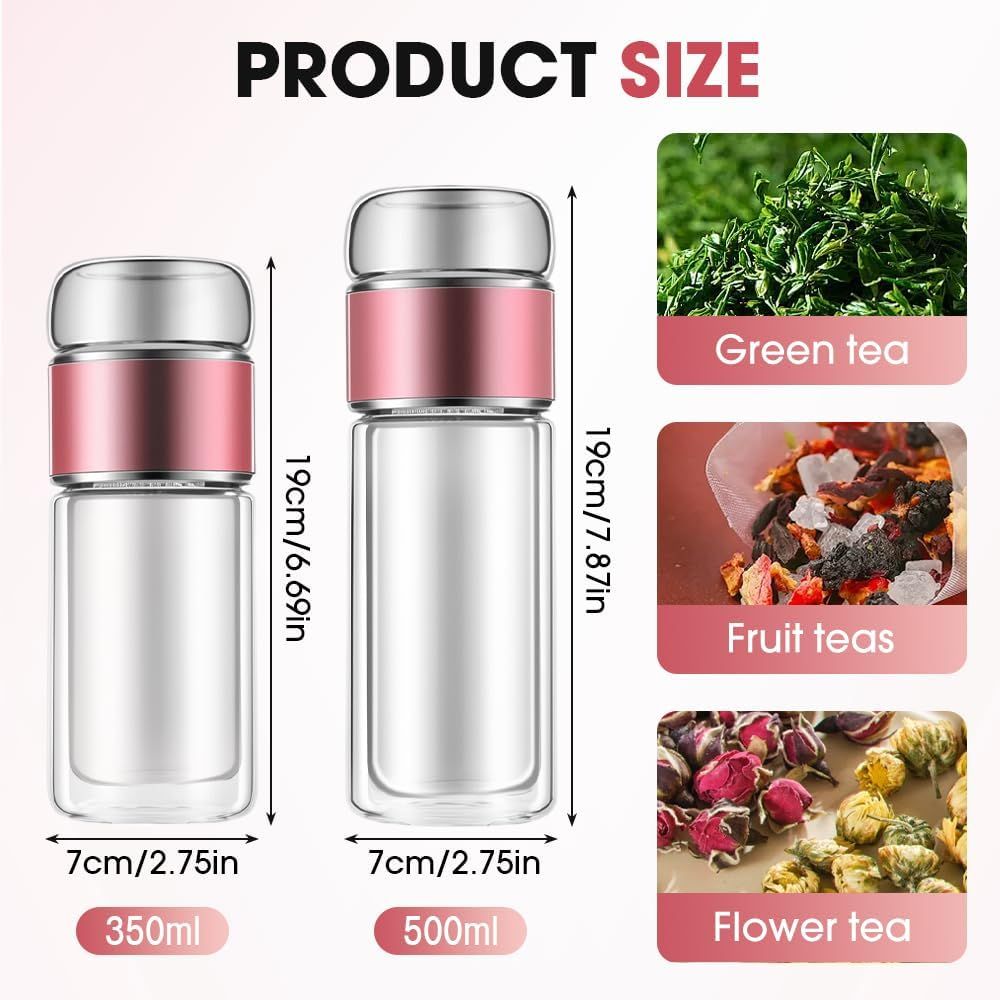 Double Walled Glass Tea Tumbler with Infuser, 17 Oz/500ml Portable Tea Infuser Bottle with Stainless Steel Filter (rose gold, 500, Milliliters)