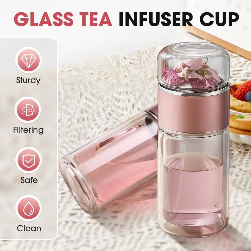 Double Walled Glass Tea Tumbler with Infuser, 17 Oz/500ml Portable Tea Infuser Bottle with Stainless Steel Filter (rose gold, 500, Milliliters)
