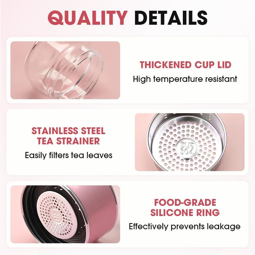 Double Walled Glass Tea Tumbler with Infuser, 17 Oz/500ml Portable Tea Infuser Bottle with Stainless Steel Filter (rose gold, 500, Milliliters)