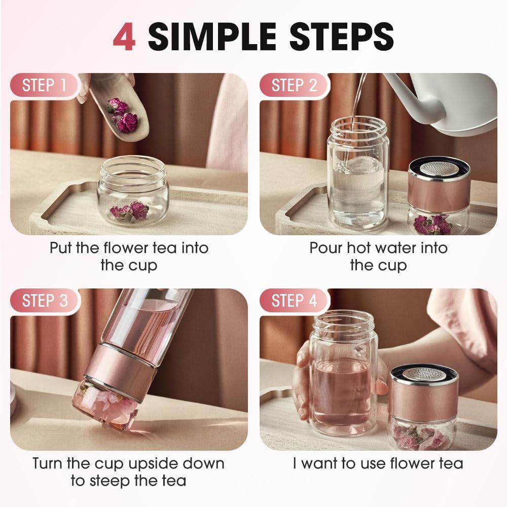 Double Walled Glass Tea Tumbler with Infuser, 17 Oz/500ml Portable Tea Infuser Bottle with Stainless Steel Filter (rose gold, 500, Milliliters)