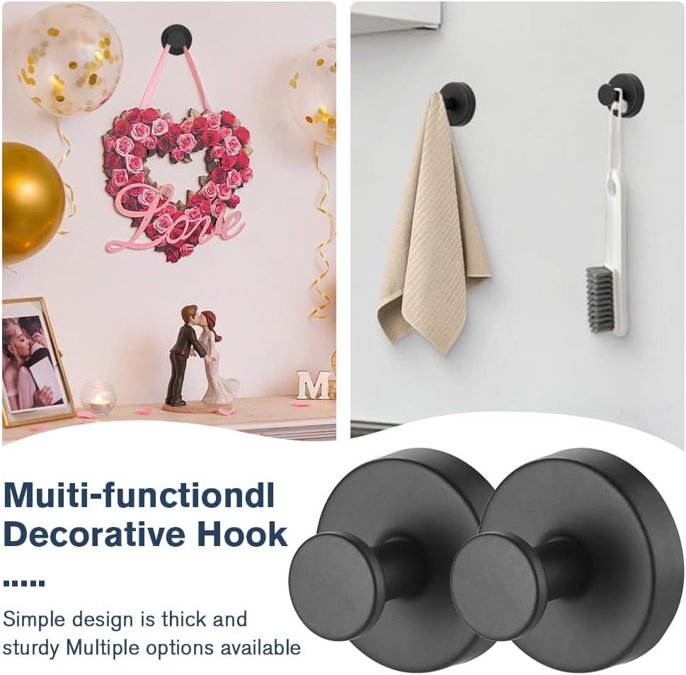 Suction Cup Hooks - 2025 Upgraded Stainless Steel Heavy Duty No Drill Hooks for Wreaths on Glass, Shower Towels & Front Door (2, Black)