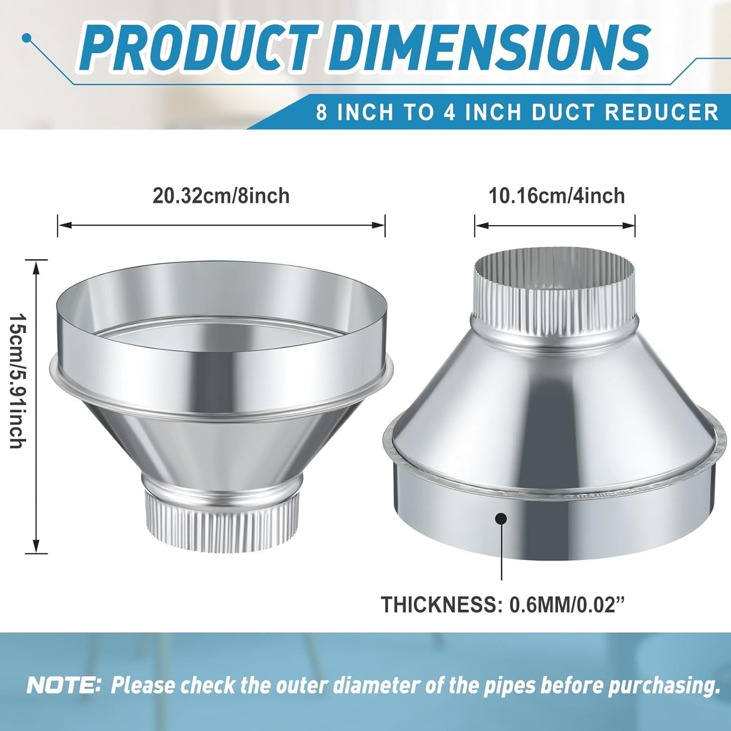 8 Inch to 4 Inch Duct Reducer Increaser Galvanized Steel Air Duct Adapter Round Crimped Pipe Connector Fitting Coupling for HVAC Ventilation Systems