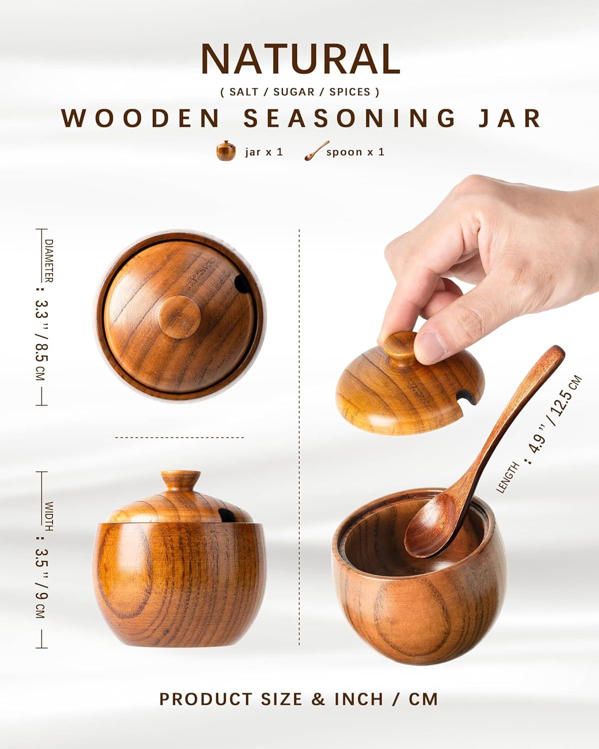 Jujube Wood Salt Container for Countertop, 6 Ounces Capacity Salt Cellar with Lid and Spoon, 3.3x3.5 inch Salt Box, Unique Salt Holder for Kitchen, Elegant Wooden Salt and Pepper Bowl