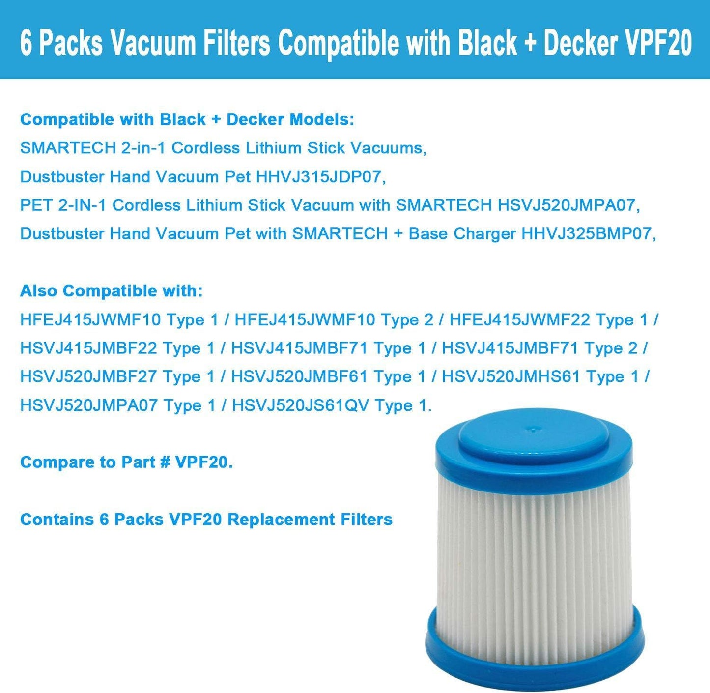 6 Packs VPF20 Replacement Filters for Black and Decker Smartech Pet 2-in-1 Stick Vacuum