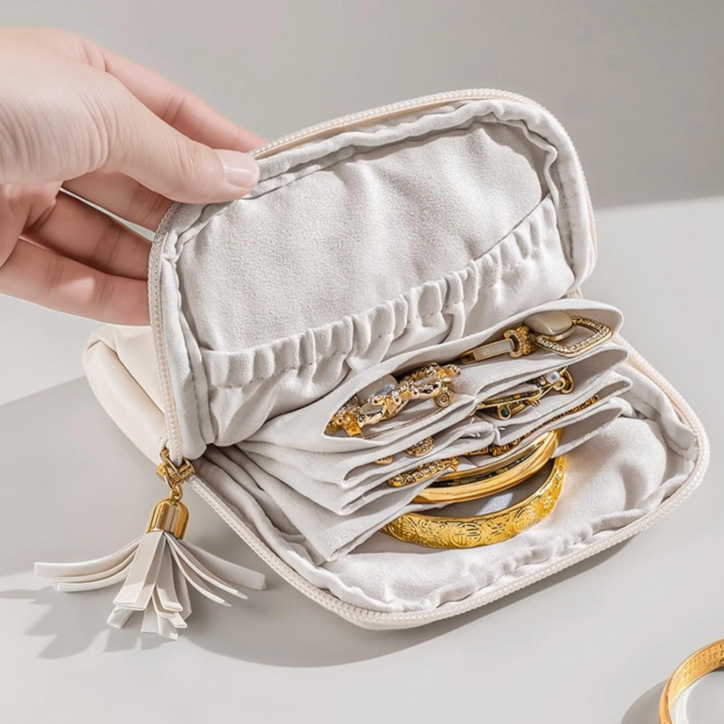 Leather Jewelry Organizer Pouch with Compartments, Travel Jewelry Case Portable Small Box for Necklace Bracelet Earring (Beige)
