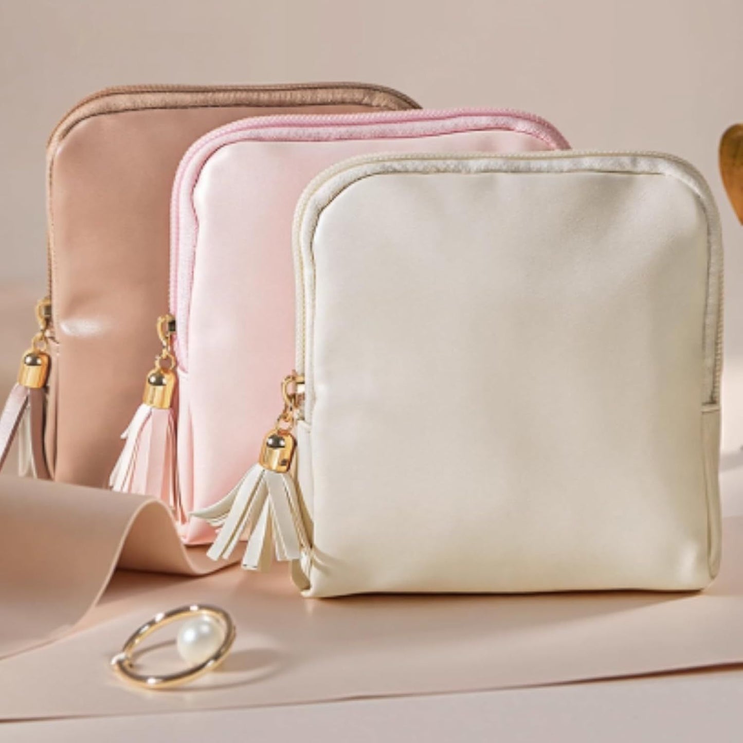 Leather Jewelry Organizer Pouch with Compartments, Travel Jewelry Case Portable Small Box for Necklace Bracelet Earring (Beige)