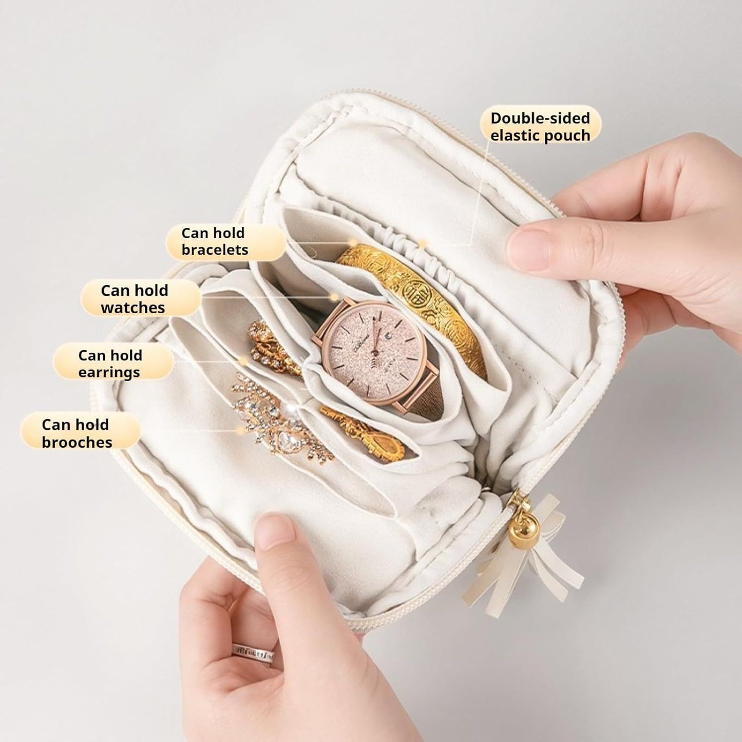 Leather Jewelry Organizer Pouch with Compartments, Travel Jewelry Case Portable Small Box for Necklace Bracelet Earring (Beige)