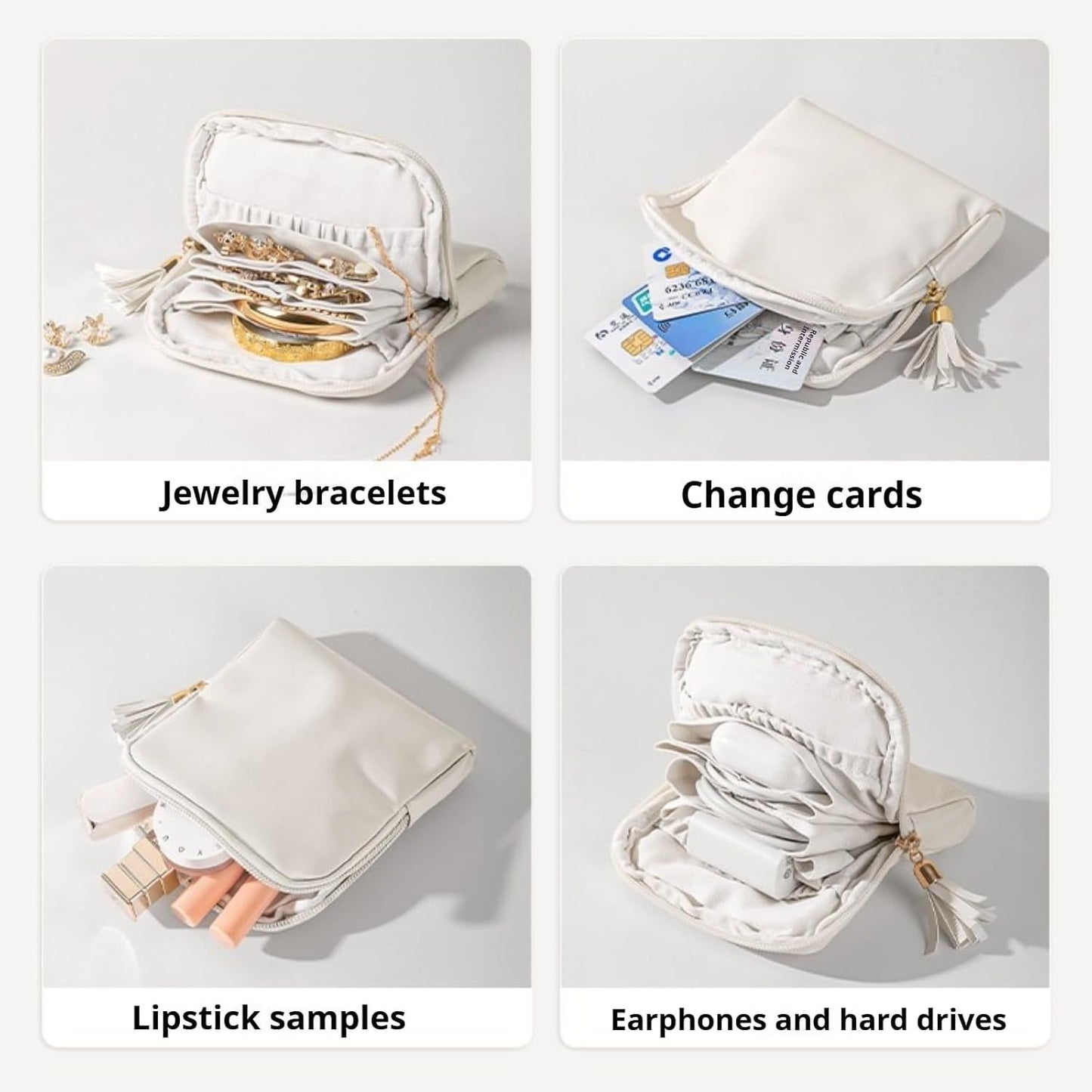 Leather Jewelry Organizer Pouch with Compartments, Travel Jewelry Case Portable Small Box for Necklace Bracelet Earring (Beige)