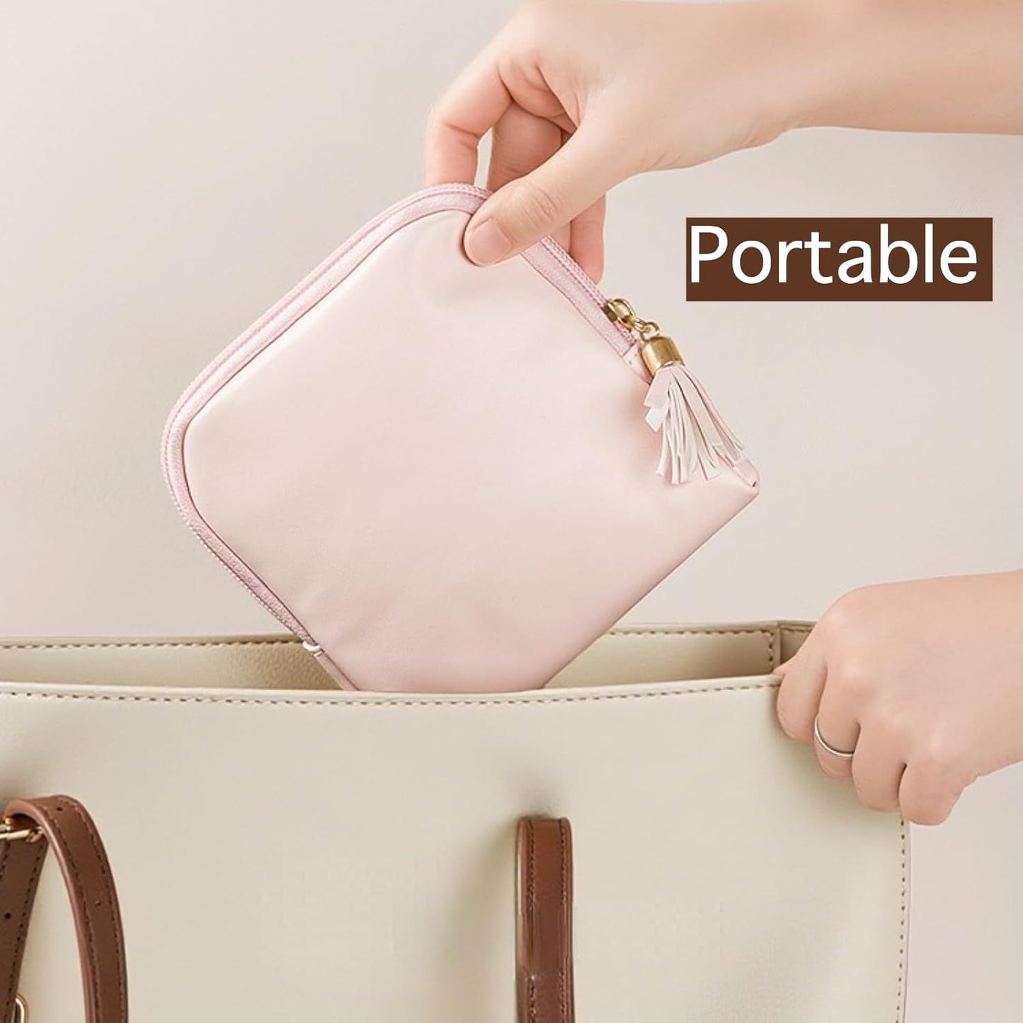 Leather Jewelry Organizer Pouch with Compartments, Travel Jewelry Case Portable Small Box for Necklace Bracelet Earring (Beige)