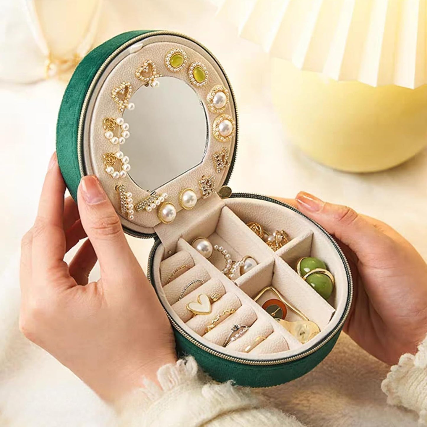 Small Portable Jewelry Box with Mirror for Travel, Luxury 3 Layers Jewelry Organizer Compact Case for Necklace Earring (Green Round)