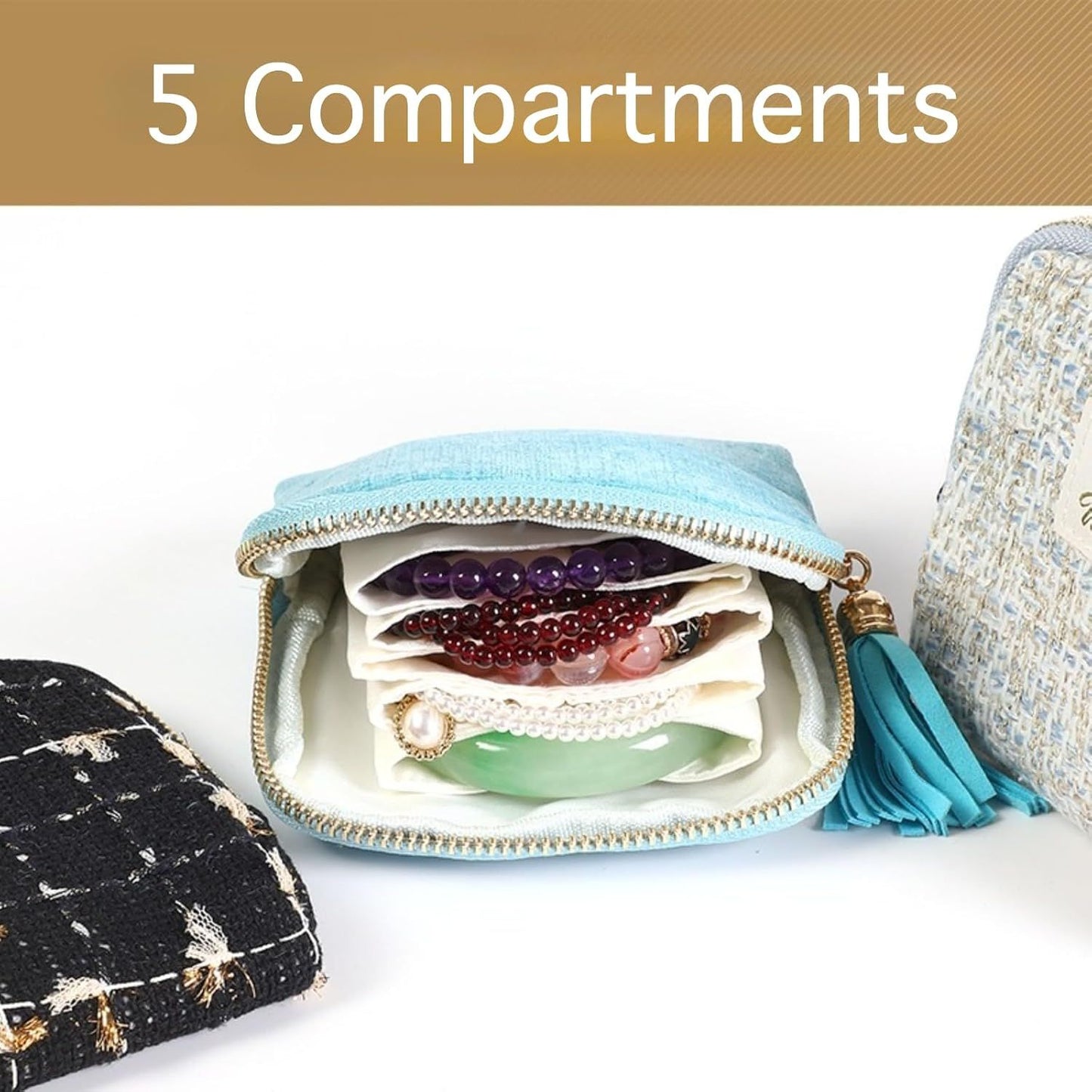 Velvet Jewelry Travel Pouch with 5 Compartments Tassel Zipper for Bracelets Necklace, Tangle Free Portable Jewelry Case (Brown)