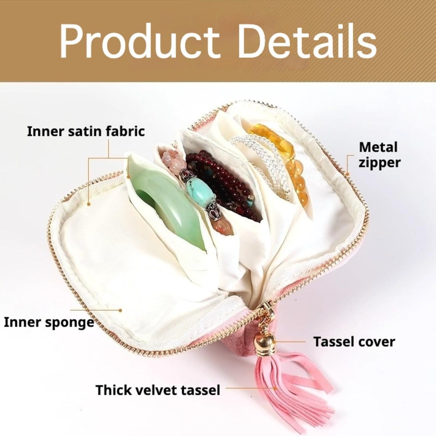 Velvet Jewelry Travel Pouch with 5 Compartments Tassel Zipper for Bracelets Necklace, Tangle Free Portable Jewelry Case (Brown)